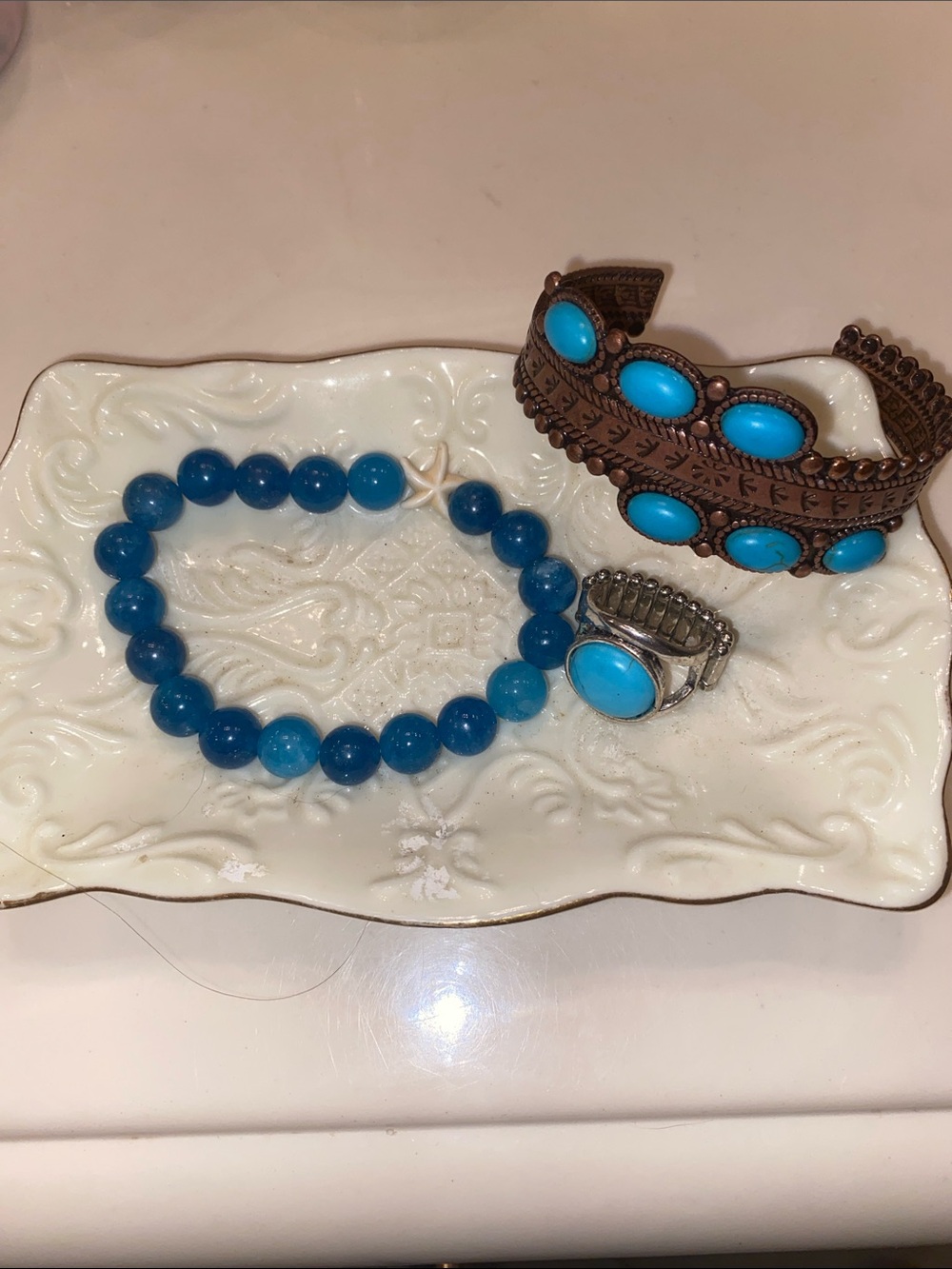 Turquoise color Blue Stones. 2 Bracelets and Ring Set . One Handmade!